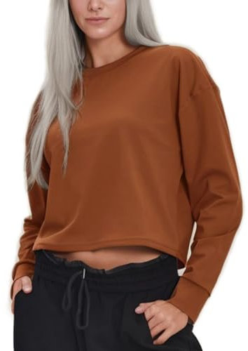 PINSPARK Damen Sport Langarmshirt Leicht Fitness Yoga Langarm Shirt Atmungsaktiv Crop Tops Sportshirt Trainingsshirt Sport Kleidung Frauen Running Workout Top Locker Braun XXL