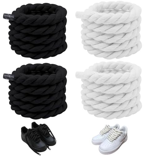 LEIBOCHAO 2 Paia Lacci Corda per Air Force 1, Rotondi 10 mm (150 cm) per Scarpe Da Ginnastica, Corsa, Sportive (Bianco + Nero)