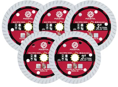 FOCSTOL Disque Diamant Carrelage - 5 pièces 75mm x 10mm Lame Scie Diamant pour Céramique Porcelaine Carrelage Marbre
