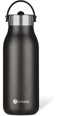 LES ARTISTES Paris A-2376 Bottle'Up 2.0, Thermos 1 litre, Gourde isotherme sans BPA, Réutilisable, Garde au chaud 12h et au froid 24h, Poignée, Acier Inoxydable, Design Black Pearl