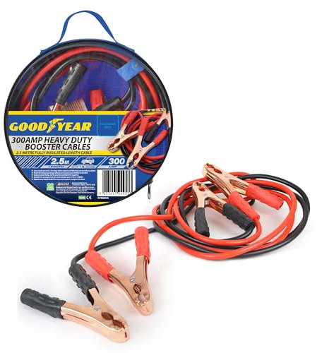 Goodyear Câbles de démarrage HD 2,5 m 300 A longs | Pinces à ressort hélicoïdal puissantes | Pince à code couleur | Sac de transport zippé inclus | Câble entièrement isolé | Convient pour les voitures