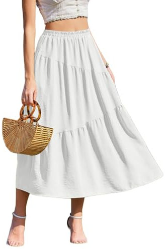 Zeagoo Damen Maxirock Weißer A-Line Flowy Sommerrock Lang Elastische Hohe Taille Rock mit Taschen Lässig Langer Röcke Weiß L