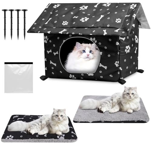 Katzenhaus Outdoor Winterfest, Katzenhöhle für Draußen, Katzenhaus Outdoor Winterfest Isoliert, mit Abnehmbarem Transparentem Vorhang, Abnehmbarem Kissen, Outdoor Katzenhaus Winterfest (Schwarz, L)