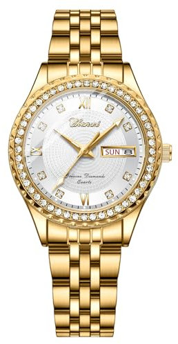JewelryWe Damenuhr Leuchtende Diamant Uhren: Glitzer Strass 30m Wasserdicht Kalender Analog Quarz Armbanduhr Damen Gold Edelstahl Armband Uhr mit Weiß Römischen Ziffern Diamantskala Zifferblatt