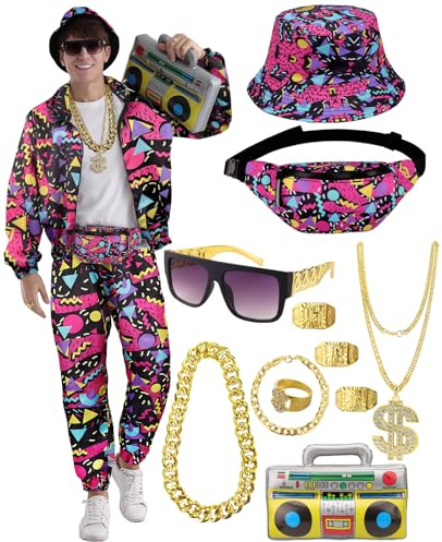 VillbeCoser 80s 90s Outfit for Men Tracksuit Costume, Hip Hop Hat Fanny Pack Ring Bracelet Gold Chain Rapper Sportswear