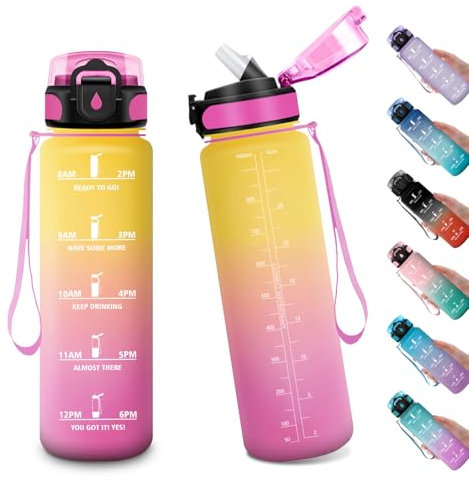 Sport Trinkflasche 1L, Auslaufsichere Wasserflasche mit Strohhalm, Motivierende Trinkflasche mit Zeitmarkierung, Kohlensäure Geeignet, Ideale Sportflasche für Gym, Camping, Fahhrad, Erwachsener