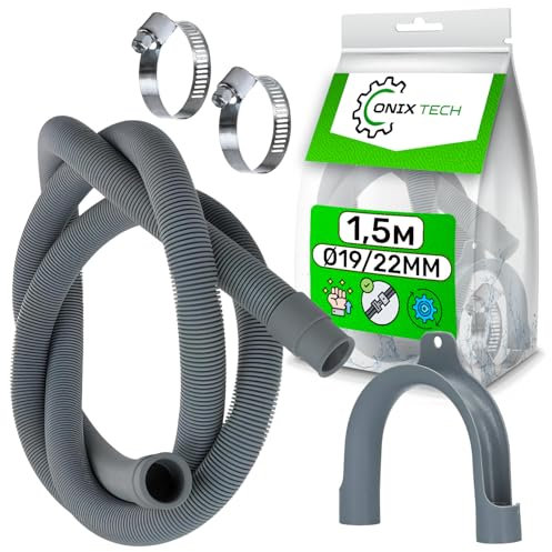 Universel Tuyau Vidange Machine a Laver et Lave Vaisselle 1,5 m Ø 19/22 mm et Crochet en Forme de U avec 2 Collier de Serrage Métallique en Métal Ø20/32 mm - Garantie de 5 Ans - ONIX TECH