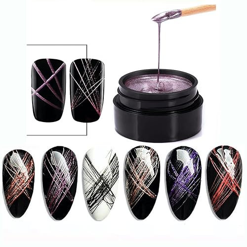 Spider Nail Gel Set, 6 Colors Elastic Nail Paint Drawing Spider Gel for Line White Black Red Rose Gold Silver Fall Color Liner Gel Polish Set DIY UV Nail Gel