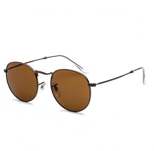 WDZAYXC Polarisierte Metall runde Rahmen Sonnenbrille für Damen und Herren, Retro Hip-Hop Punk Brille, UV400 Schutz (Braun)