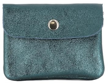 Double Tree - Porte-Monnaie Femme en Cuir Véritable Irisé - Petit Portefeuille Brillant à Rabat Format Enveloppe Élégant - Léger et Pratique - Bleu Canard