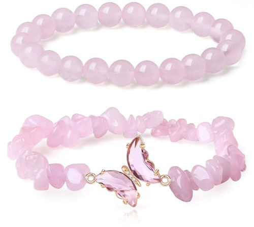 AWARDSEN 2Pcs Bracelets Papillon Pierre Naturelle Femme 8mm Pierre Precieuse Bracelet Stretch Extensibles Perle Bijoux Cadeau pour Femme