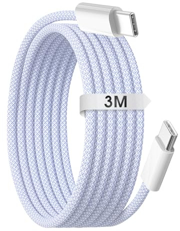 Câble USB C pour iPhone 15 16, 3 Meter 60W Chargeur Rapide Type C vers C Câble de Charge Tressé USB C Cordon Pour 15/15 Plus/15 Pro Max/16/16 Pro Max/iPad Pro Air Galaxy Google Pixel Xiaomi (Violet)