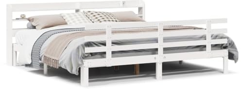 vidaXL Bed Frame with Headboard, Bed Base for Bedroom, Mattress Foundation for Double Bed, Modern Style, White 200x200 cm Solid Wood Pine