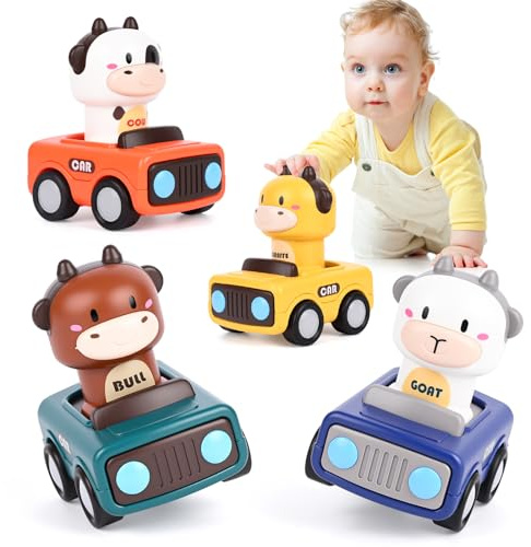 Gaethra Auto Spielzeug für Junge und Mädchen, 4 Stück Press-and-Go Spielfahrzeug Set, Baby-Tier-Rennwagen, Tierautospielzeug für Kleinkinder ab 1 2 3 Jahr, Geschenk für Weihnachten, Geburtstagen