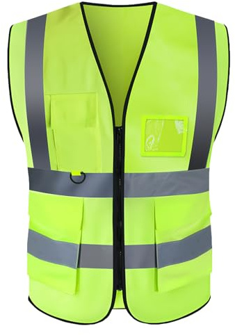 HIAHXC Sicherheitswesten Warnweste mit Reißverschlusstaschen,Reflektierende Warnweste für Herren and Damen,Reflektierende Weste Arbeitsweste Gelb für Baustelle, Fahrrad & Nachtarbeit
