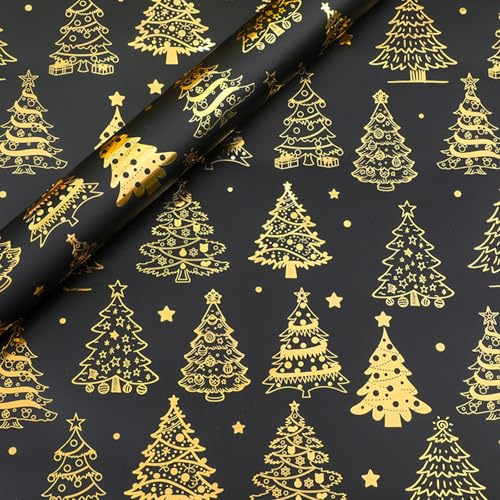Gleemix Geschenkpapier Weihnachten Weihnachtsbaum Muster, 3 Blatt Weihnachts Geschenkpapier Schwarz Gold, Weihnachtspapier für Weihnachten, Neujahr und Winterurlaub, 70x50cm