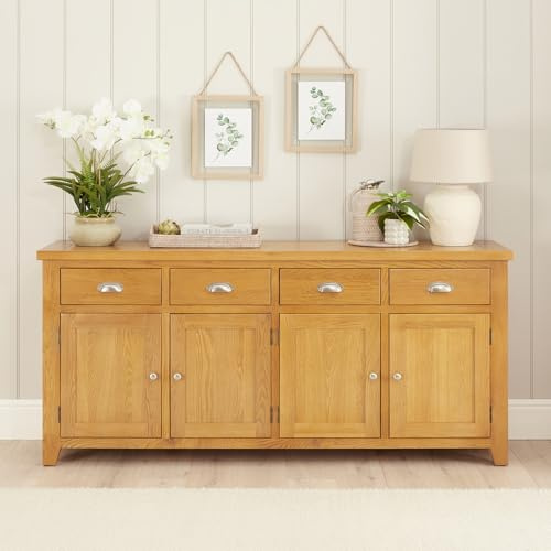 Cheshire Oak Extra Large 4 Drawer 4 Door Sideboard – Solid Oak Shaker Furniture, 1900mm Wide x 435mm Deep x 860mm High, Natural Satin Lacquer Finish