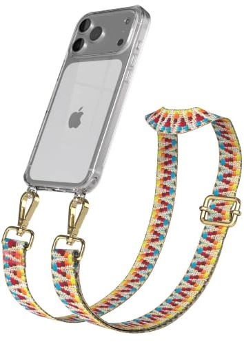 EAZY CASE Handykette - Verstellbares Taschenband kompatibel mit iPhone 17 Pro Max, Schulterriemen, Handykordel mit Silikon Hülle, Umhängetasche, Regenbogen Gold