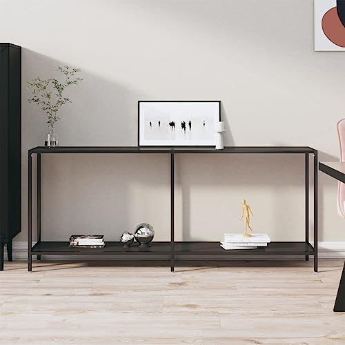 IBUQDDV Konsolentisch Schwarz 180x35x75,5 cm Hartglas Flurtisch Ablagetisch mit unterer Ablage aus pulverbeschichtetem Stahl robust und stabil einfach zu reinigen modernes Design