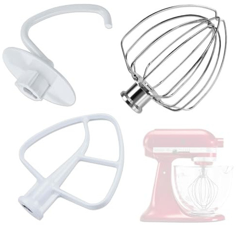 LZEXIN 3pcs Kitchen Aid Replacement Accessories for 4.5 Quart Classic Series & 5 Quart Artisan Series Tilt-Head Stand Mixers, Include Aluminum K45 6-Wire Whisk, Flex Edge Beater, Dough Hook