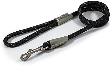Ancol Viva Dog Rope Slip Lead Reflective Black Poly Weave Webbing Leather Adjuster Lightweight Mountain Grade Rope Puppy Pet Walking Accessory - 1.07m x 10mm