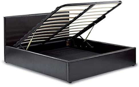 MODERNIQUE 4ft6 Double Storage Ottoman Gas Lift Up Bed Frame, Massive Storage Underneath Black Faux Leather High Headboard Bed, Sprung Wooden Slats Base
