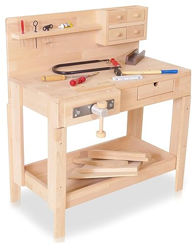 Kinderwerkbank aus Massivholz höhenverstellbare | x1 Spannzange | Holzspielzeug aus Buche | Kinder Hobelbank, Werkbank, Werkstatt, Tischlerei, Werkzeugbank “Bob”- 4014