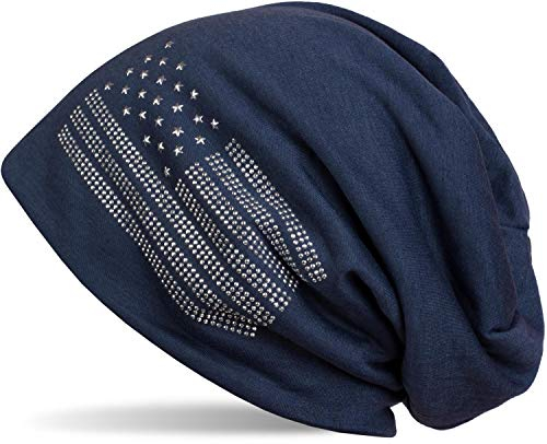 styleBREAKER Beanie Mütze USA Flaggen Design mit Strass-Applikationen, Unisex, Jersey leicht Übergang Frühling Herbst, Farbe:Midnight-Blue/Dunkelblau