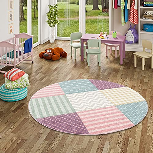 Pergamon Kinder Teppich Maui Kids Pastel Bunt Karo Sterne Rund in 3 Größen