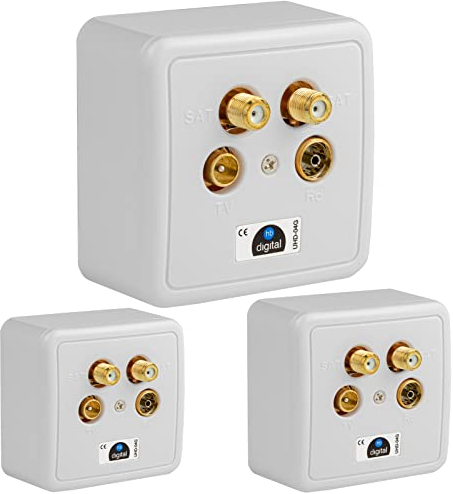 HB-DIGITAL 3X 4-Loch Antennen-Dose SAT Kabel Enddose VERGOLDETE ANSCHLÜSSE (2X SAT/TV/Radio) für Koaxial- & Antennenkabel Fernsehen Full HD Digital Analog Aufputz Unterputz