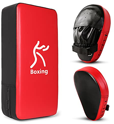 Odoland 2-in-1 Punching Mitts Kick Pack Set, Boxing Mitts Focus Pads, Taewondo Kick Pad, Great for Boxing, Kickboxing, Karate, Muay Thai, MMA Training, Black/Red