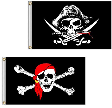Bandera pirata de, 2 unidades de 2 x 3 pies con cráneo y navaja cruzada Jolly Roger (bufanda roja) bandera para exteriores y fiestas piratas, Bandera de cuchillo de cruz y bandera
