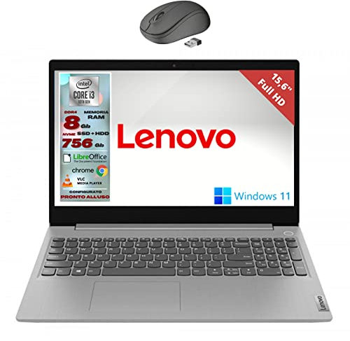 Lenovo, Pc Portatile Notebook, Display FHD da 15,6, Intel i3, Ram 8Gb, Ssd + HD 756Gb, Win 11 pro, Computer Portatile Pronto All'uso + Mouse Wireless