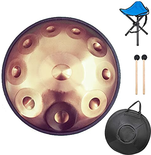 22-Zoll-Handpan in d-Moll 9 Noten / 10 Noten, Stahl-Handtrommelinstrument mit weichem Rucksack, Metallständer, ideal für professionelle Audioproduktion (Color : Gold 10Notes)