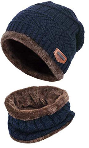 Malaxlx Enfants Bonnet Écharpe Tricoté 2Pcs Ensemble Hiver Chaud Épais Bonnet Tour de Cou avec Doublure Polaire pour Garçons Filles (Bleu)