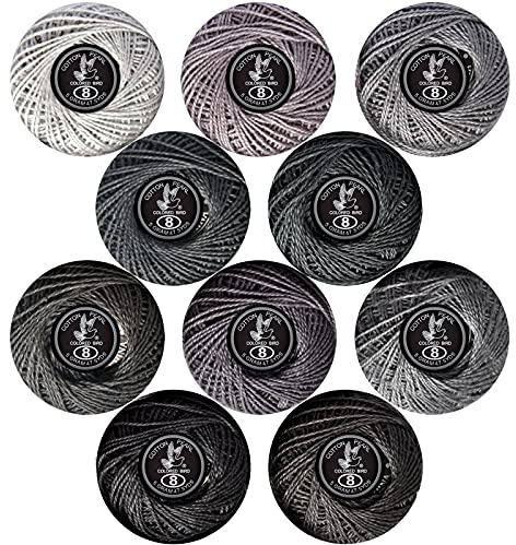 Colored BIRDCrochet Thread, Size 8 Crochet Yarn，2 Ply Cotton Yarn, 10 Balls (Grey Series)