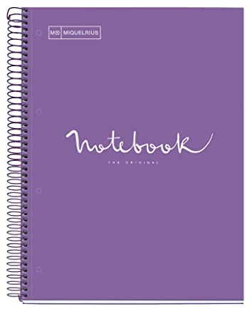Miquelrius - Notizbuch A4 Punkte Notebook, 1 farbiger Streifen, 80 Blatt liniert mit Punkten (Dots), Papier 90 g/m² mikroperforiert mit 4 Bohrungen für 4 Ringe, Einband aus Karton, Farbe Lila