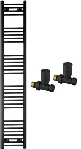350mm Wide Straight Black Heated Bathroom Towel Rail Radiator With Valves For Central Heating UK (With Black Straight Valves, 350 x 1700mm (h))