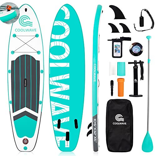 CoolWave Aufblasbares SUP Board Set, Stand Up Paddling Board mit Kamerahalterung, Finne, Paddel, Pumpe, Leash, Rucksack, Wasserdichter Packsack, 320×80×15cm, Tragfähigkeit 180KG