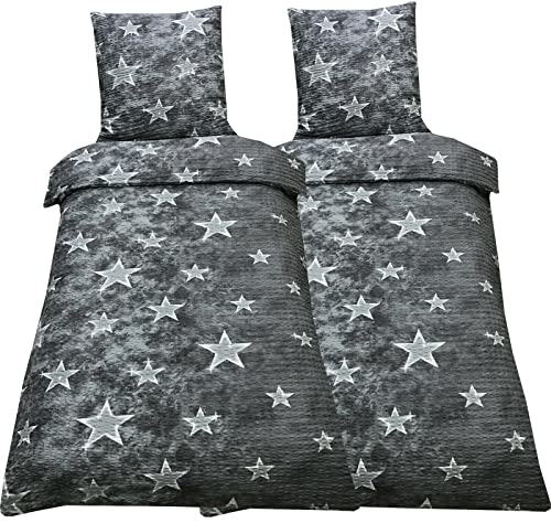Leonado Vicenti 4tlg. Bettwäsche Seersucker Sterne Grau 155x220 cm Schlafzimmer Set Bezug Kissen Decke