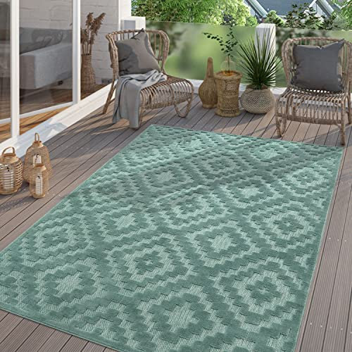 TT Home In-& Outdoor Teppich Wetterfest Balkon Küche Wohnzimmer Boho Skandi Design, Farbe:Türkis 2, Größe:120 cm Rund