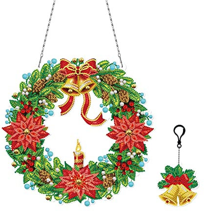 NSXIN 5D Diamond Painting Weihnachten Deko, DIY Diamant Malerei Bilder Kit Weihnachtskranz mit LED-Licht, Handwerk Applique Mosaik für Haustür Wand Fenster Weihnachtsdekor (A7)