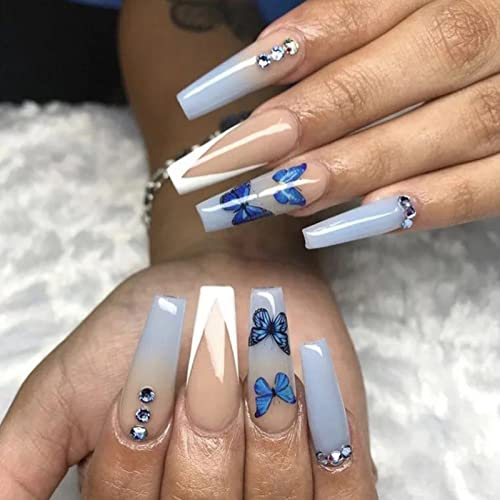 Luvadeyo Extra Long French Press on Nails Luxury Butterfly Rhinestone Fake Nails Blue Square Acrylic False Nails mit Sticker Prom Frauen-Nägel