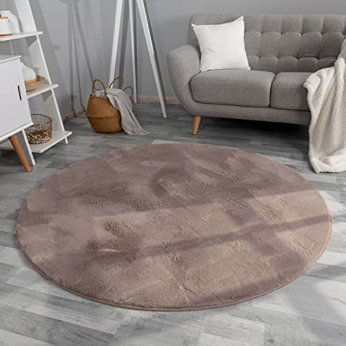 TT Home Wohnzimmer Teppich Hochflor Langflor Kunstfell Weich Modern Unifarben Flauschig, Farbe:Beige Taupe, Größe:200 cm Rund