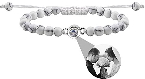 Nergaebe Personalisiertes Foto Armband mit Bild im Inneren Personalisiertes Fotoprojektions-Armband Türkis Kreis Foto-Armbänder im Inneren für Frauen/Männer/Paare/Freunde