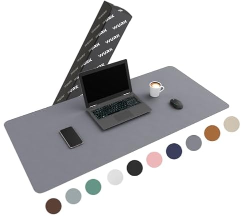 WURK Schreibtischunterlage [120 cm x 60 cm] - Premium Qualität - Mauspad - Große Schreibunterlage - Mauspad XXL - Rutschfeste Unterlagenmatte - Desk Mat - PU Leder Inklusive Kabelclip (Grau)