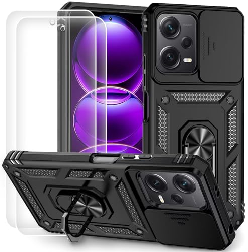 Dechyi für Xiaomi Redmi Note 12 Pro 5G/Poco X5 Pro 5G Hülle mit Panzerglas Schutzfolie Schutzhülle mit Kameraschieber Case 360° Drehbarer Militä Ständer Stoßfest Cover-Schwarz
