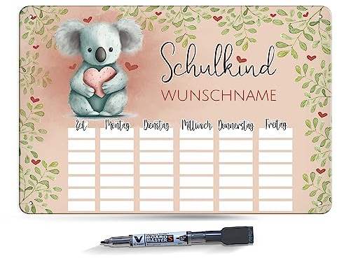 PR Print Royal Abwischbarer Stundenplan magnetisch inkl. Stift - Koala - mit Name personalisierbar - Einschulungsgeschenk - Geschenk zum Schulanfang - Metallschild A4 mit abwischbarem Stift