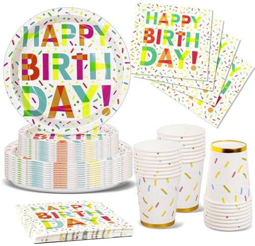 Nkaiso Cumpleaños Vajilla de Fiesta, 96 Piezas Colores Cumpleaños de Vajilla, Cumpleaños Infantil Party Decoración Set con Platos Vasos Servilletas para Decoracion Baby Shower Niño- 24 Invitados