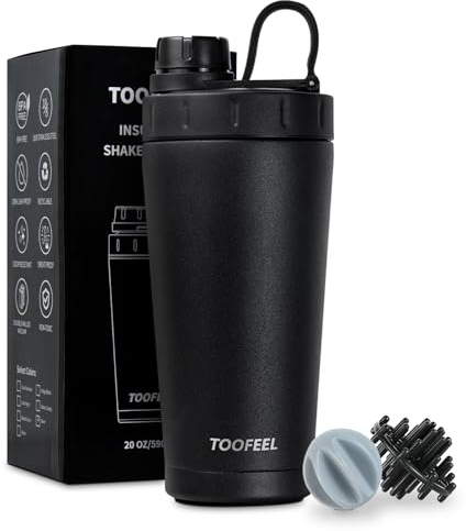 TOOFEEL Shaker Flasche aus Edelstahl – doppelwandige, isolierte Shaker Becher für Protein Shakes, hält kalt/heiß, Shaker Flasche für Proteinmischungen, Fitnessstudio, Workout, Protein Shaker Flasche